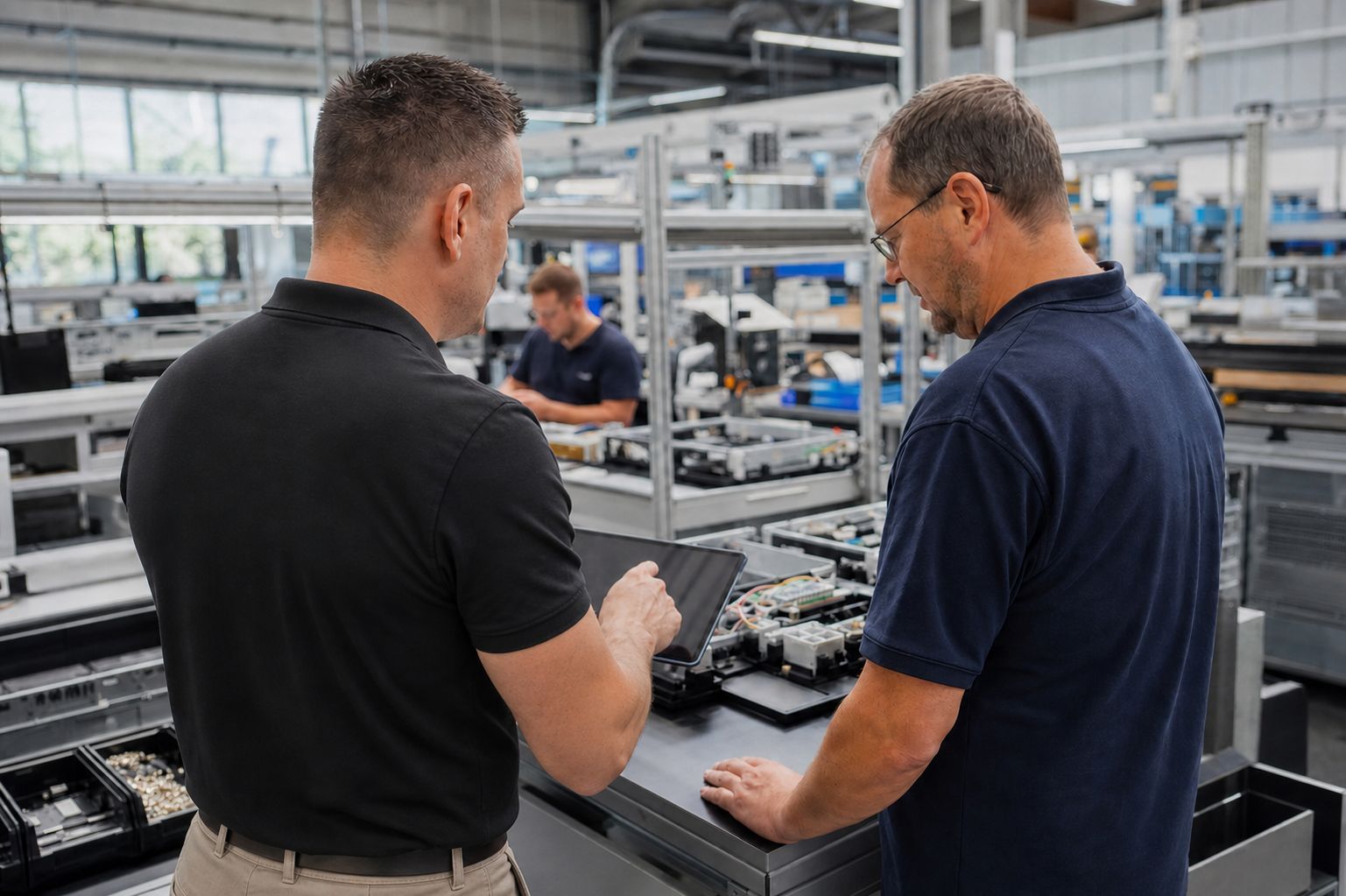 KI-generierte Darstellung von Christopher Biehl bei einer Prozessprüfung in einem elektrotechnischen Produktionsbetrieb